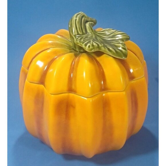 Majolica Pottery  Pumpkin Tureen Candy Dish Cookie Jar Bowl Lid Olfaire Portugal - Picture 4 of 14
